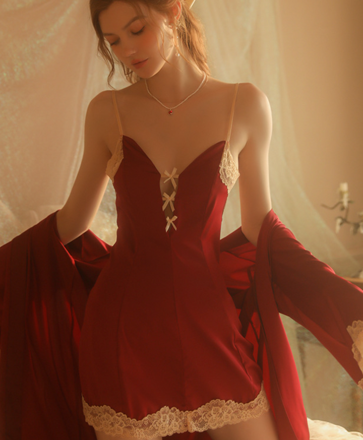 絲滑花邊睡裙套裝