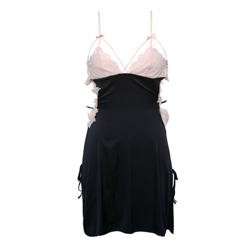 蕾絲綁帶雙色睡裙